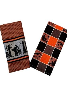 VTG 90s Old World Buffalo Check Spooky Halloween Hand Towels Witch Black Cat Bat